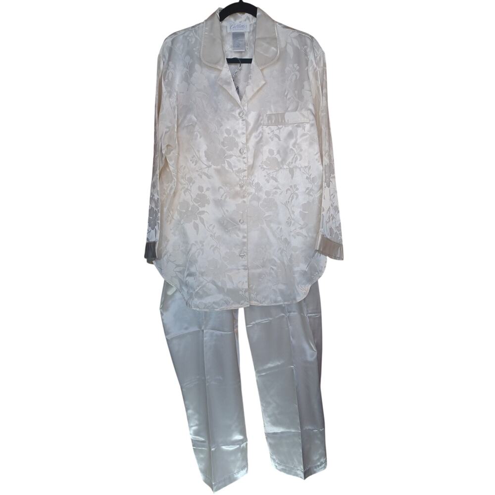 Collette by Miss Elaine Cream Satin Floral Jacquard Pajama Set Women's Size L